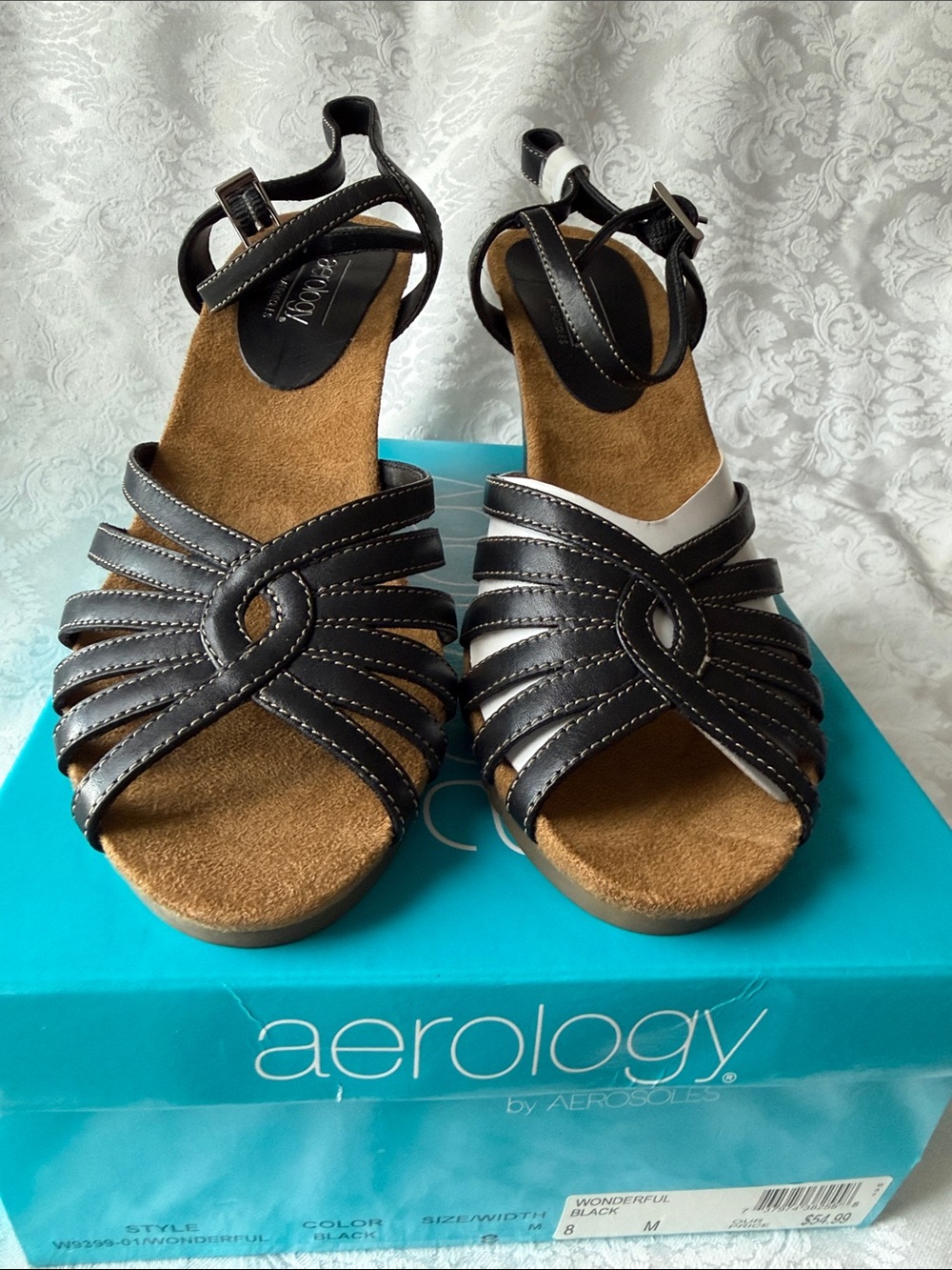 AEROSOLES Black Multi-Strap Knotted Front Wedge Sandals